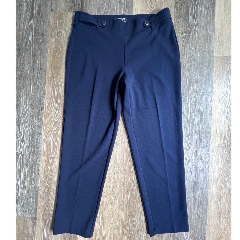 NYCC Dress Pants Women 12P Navy Blue Button Tab Stretch Straight Leg Trousers